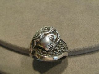 Vintage Sterling Silver Art Deco Style Repousse Lady Face Marcasite Ring Sz 7.  75