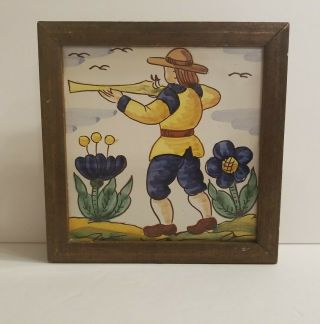 Vtg Spanish Art Tile Hunter With Riffle Soldier Hand Painted Wood Frame Spain