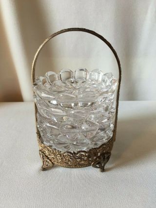 Vintage Set Of (5) " Heisey " Crystolite Glass Coasters With Regency Brass Holder