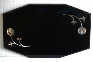 Vintage Black Glass Vanity Mirror Tray W/ Reverse Silver Floral Design
