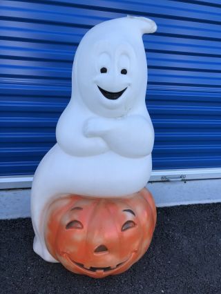 Vintage Halloween Blow Mold Large Ghost On Pumpkin By Empire
