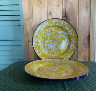 4 Vintage Splatterware Enamelware Dinner Plates Yellow 10.  25”