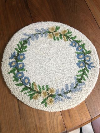 4 Vintage Hand Hooked Chair Pads,  Blue Flowers