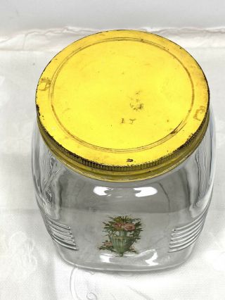 Vtg HOOSIER Cabinet Glass Square Canister Ribbed Corners Cookie Jar w/Yellow Lid 2