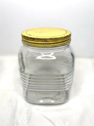 Vtg HOOSIER Cabinet Glass Square Canister Ribbed Corners Cookie Jar w/Yellow Lid 3