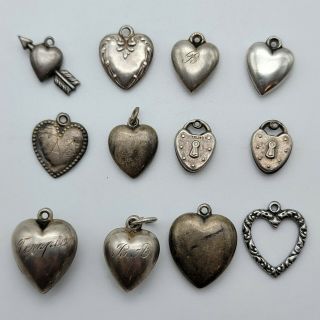 12 Vintage Sterling Silver Puffy Heart & Other Charms Engraved Padlock Victorian