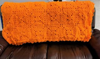 Vintage Orange Crocheted Afghan Blanket Throw Granny Squares 3d Flowers 50x70