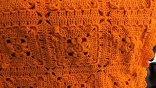 Vintage Orange Crocheted Afghan Blanket Throw Granny Squares 3D Flowers 50x70 2