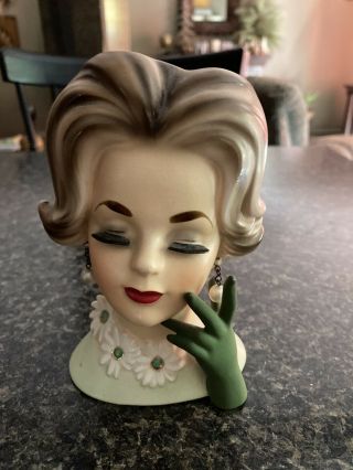 Vintage Napco Lady Head Vase W/pearl Earrings,  Green Glove C6428,  C:1950