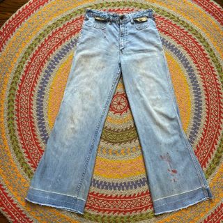 Vintage 70s Distressed Thrashed Wide Leg Bell Bottom Jeans Pants 28x30 High Rise