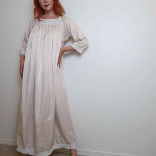 Vintage 70s Cream Satin Crochet Lace Boho Nightgown Midi Dress
