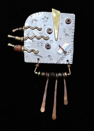 Vtg Marcia Q Miller Primitive Art Mixed Metals Artisan Handmade Brooch Pin