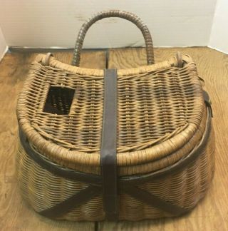 Vintage Fly Fishing Fishermans Wicker Tackle Lure Basket Leather Strap Cabin