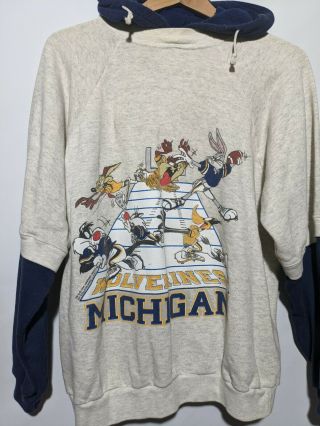 Vintage 90s Michigan Wolverines Looney Tunes Football Hooded Sweatshirt Size XL 2