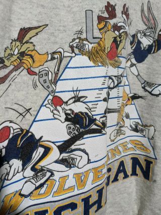 Vintage 90s Michigan Wolverines Looney Tunes Football Hooded Sweatshirt Size XL 3