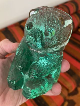 Rare Vintage Mid Century Blenko Teal Green Glass Bear Bookend Marked Retro