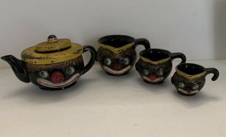 Vintage Thames Redware Black Clown Face Teapot & Measuring Cups Set Japan 1930 