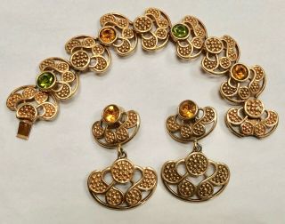 Vintage Swarovski Bracelet And Clip Earrings Gold Tone Metal Large Set Crystals