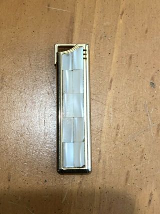 Vintage Colibri Slim Gas Lighter Mother Of Pearl/oyster Inlay W/gold Trim