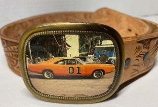 Vintage 80s Dukes Of Hazzard Belt Buckle General Lee Car Tooled Leather Belt