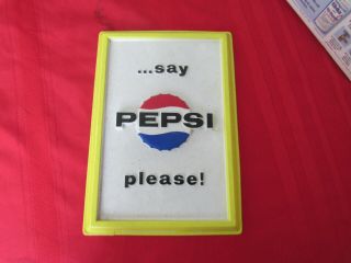 Vintage Pepsi Cola Plastic Store Display Sign - Window,  Wall - 11 " X 7 1/2 "