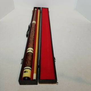 Vintage 4 Piece Carved Wood Pool Cue Stick With Hard Case - Unbranded