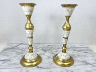 Vintage Brass Candle Stick Holders Mother Of Pearl Abalone Shell Inlay Pair 8”