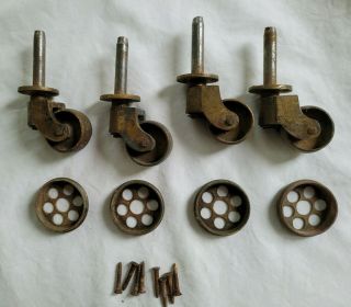 Set Of 4 Vintage Solid Brass Casters Furniture Wheels 1.  25 " Diameter Wheels