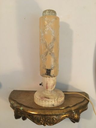 Vintage Art Deco Torpedo Bullet Lamp With Cream Floral Frosted Glass Globe