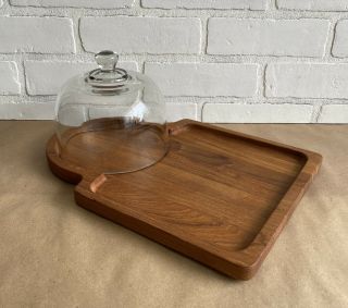Vintage Mid Century Dansk Teak Cheese & Cracker Board With Glass Dome Cover