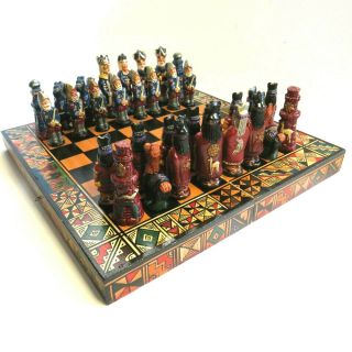 Vintage Handmade Portable Chess Set Aztec Mayan Incas Vs Spanish Conquistadors