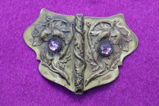 Antique Ornate Victorian Brass Belt Buckle Amethyst ? 2 Piece Flower