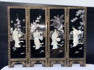 4 Piece Vintage Asian Mother Of Pearl Black 4 Panel Table Top
