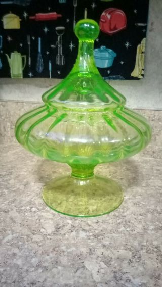 Vintage Vaseline Swirl Empoli Glass Footed Candy Dish 10 " Tall Apothecary Lid