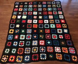 Vintage Granny Square Afghan Blanket Throw Crochet Black Multi Color 58x48