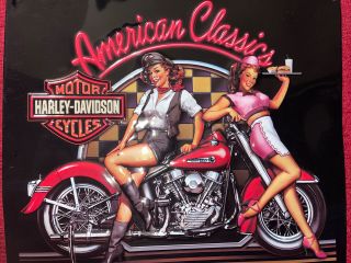 Harley Davidson Motorcycles American Classics Tin Pinup Girl Babe Diner Sign