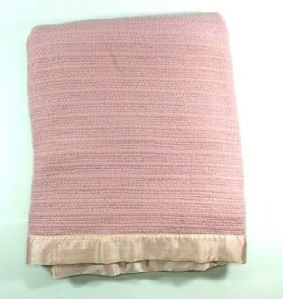 Vintage Acrylic Waffle Weave Blanket Satin Trim Pastel Pink 68 X 84 Soft