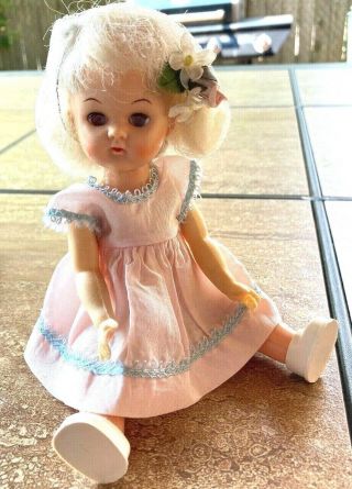 Vintage 1950s Virga Lollipop Doll White Hair & Pinkdress 8 " Hard Plastic Walker