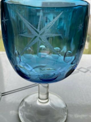 Vintage Bartlett Collins (2) Blue Thumbprint Goblet Wine Glass Atomic Starburst