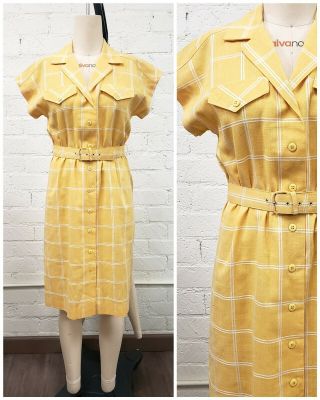 Vintage 70s 80s Yellow Plaid Button Up Midi Belted Dress M
