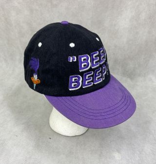 Vintage Road Runner Beep Beep Hat Six Flags Warner Bros 1995 Black & Purple Cap