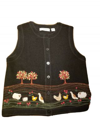 Vintage Marisa Christina Black Floral Sheep 100 Wool Button Sweater Vest S