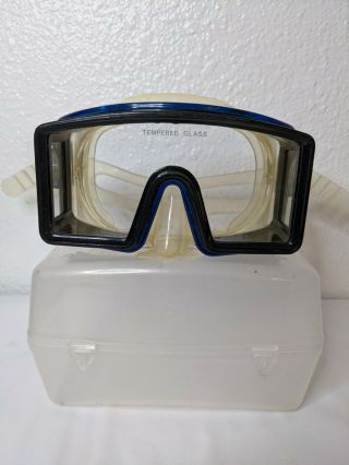Vintage Us Divers Aqua - Lung Wraparound Face Mask Goggles Tempered Glass Blue
