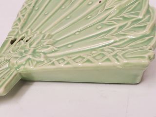 Vintage McCoy Pottery Pale Green Fan Wall Pocket Flowers Lattice Leaves Blemish 3