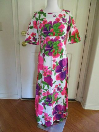 Vtg Alice Polynesian Fashions Hawaiian Hawaii Barkcloth Dress Pink Sz 10/12