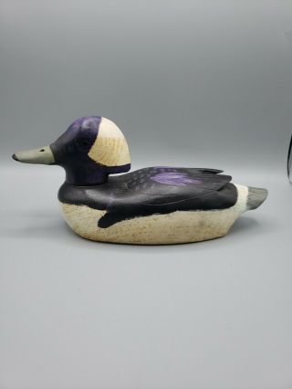Vtg Folk Art Hand Carved Solid Wood Bufflehead Duck Decoy Signed Swivel Head