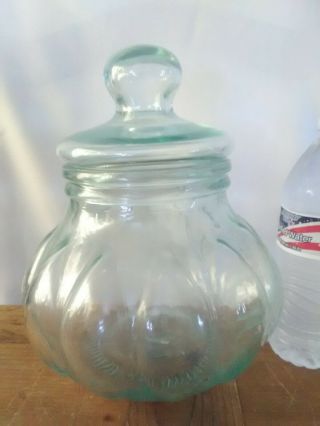 Vintage Heavy Green Glass Pumpkin Shaped Apothecary Jar W/lid 10 " Made In Italy