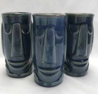 3 Vintage Libbey Blue Easter Island Tiki Mug Tumbler Cocktail Cup Vase 14 Oz 7”