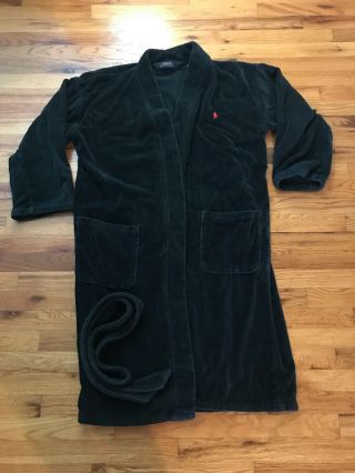Vintage 90s Ralph Lauren Full Length Black Embroidered Terrycloth Robe Mens S M