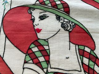 A,  Vintage Hand Embroidered Tinted Vogart Style Pillow Cover Figural 30s Woman